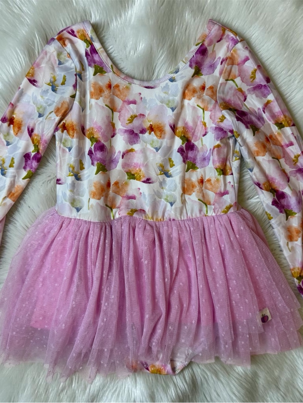 Pink Floral Long-Sleeve Tulle Leotard Dress for Girls